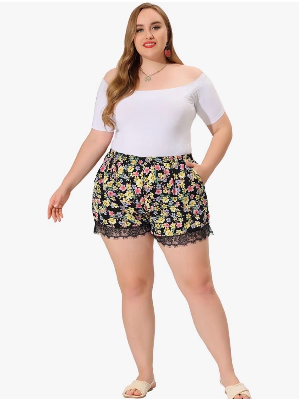 Plus Size Black Floral Lace-Trim Shorts